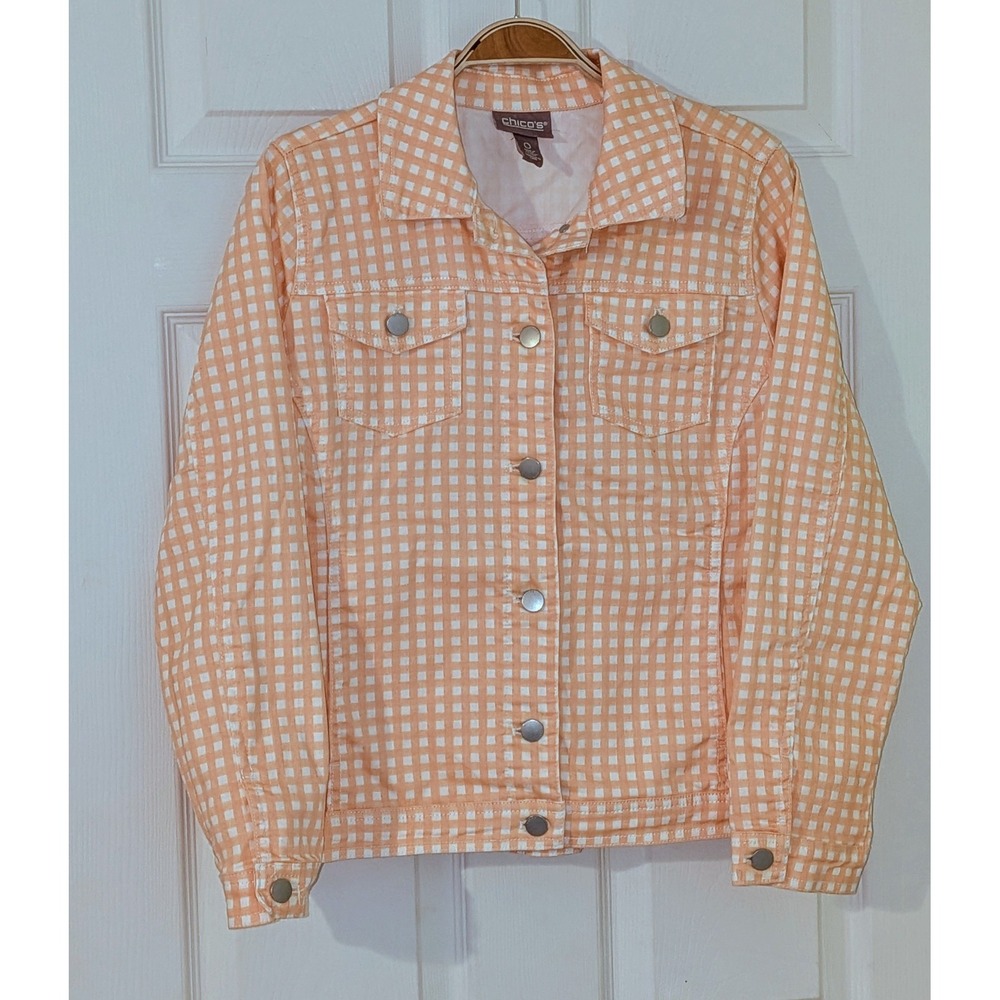 Chico's Gingham Jean Jacket Women's Size Small Peach White Button Front